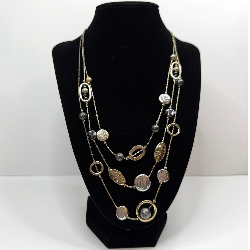 3 Strand Statement Necklace Gold Silver Beads Accents Career Fashion Jewelry